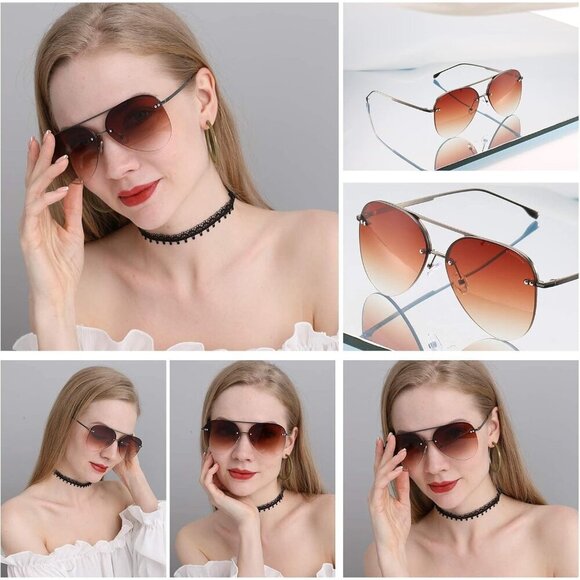 Women Aviator Sunglasses Rimless Oversized Gradient Mirrored UV Fashion